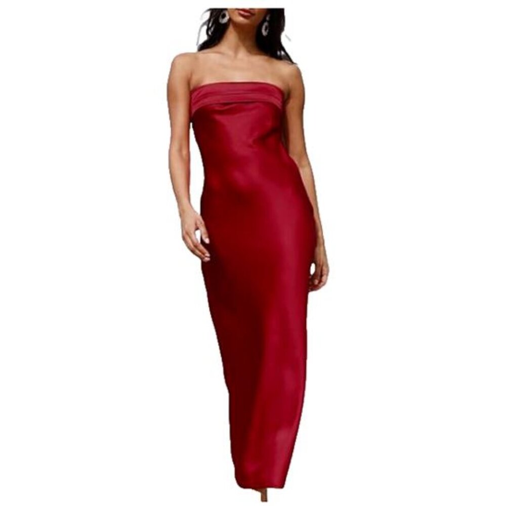 NEW- Realtix Burgundy Satin Backless Tube Top Maxi Dress- Women's XS